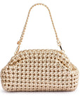 Gold woven handbag with a chain handle on a white background
