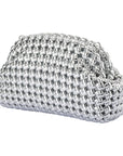 Silver woven handbag on a white background