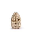 Gold clutch bag with textured pattern on a white background side view