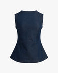 Dark blue denim peplum top on a white background