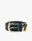 Black leather belt with a gold buckle on a white background