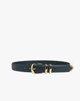 Black leather belt with gold buckle on a white background