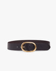 Black leather belt with a gold buckle on a white background