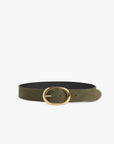 Green belt with a gold buckle on a white background