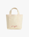 Beige tote bag with red text and heart on a white background