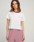 The Signature Chest Logo Ringer Top close up front view on model