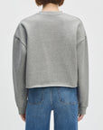 Person wearing a gray sweatshirt and blue jeans on a white background back view
