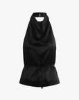 Black halter neck top with draped design on a white background