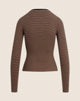 A long-sleeve ribbed knit top with horizontal brown and black stripes, shown from the back on a light beige background.