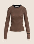 A long-sleeve crewneck top with horizontal brown and black stripes, displayed on a neutral beige background.
