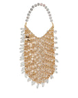 Gold and clear beaded handbag on a white background