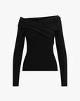 Black long-sleeve top with a draped design on a white background