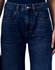Close-up of a person wearing dark blue denim jeans, showing the front waistband, belt loops, button, front pockets, and upper thighs against a plain white background.