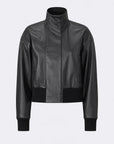 A black faux-leather cropped jacket with a high mock neck, ribbed knit hem and cuffs, shown on a light gray background.