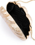 clutch with gold chain on a white background open with black interior