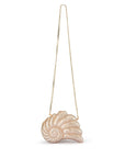 Shell-shaped handbag with a chain strap on a white background