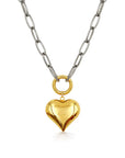 A gold heart pendant necklace with a polished gold heart charm suspended from a silver paperclip chain, shown on a clean white background.