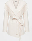 An off-white wrap coat with long fringe detailing across the shoulders and a matching waist tie, shown on a plain white background.