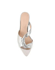 A single metallic silver pointed-toe mule sandal with crisscrossing straps and a low block heel, shown from a top-down view on a plain white background.