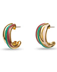 Gold hoop earrings with colorful stripes on a white background