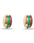 Gold hoop earrings with red and green enamel accents on a white background