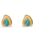 Gold earrings with turquoise stones on a white background