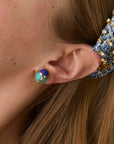 Stone Scarab Stud Earrings on model with headband