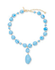 blue and white necklace with a white background