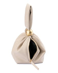 Beige pouch with a gold zipper and clasp on a white background