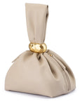 Beige drawstring bag with a gold accent on a white background