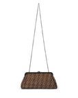 Brown woven handbag with a chain strap on a white background