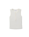 White sleeveless top with button details on a white background