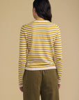 A model shown from the back wearing a yellow and white striped long-sleeve knit top and olive green pants, set against a solid beige background.
