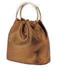 Gold metallic handbag with a drawstring top on a white background