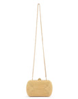 Gold woven handbag with a chain strap on a white background