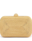 Gold woven clutch bag on a white background
