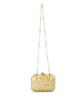 Gold clutch bag with chain strap on a white background