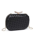 Black woven handbag with a gold clasp on a white background