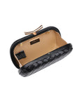 Black quilted clutch bag with beige interior on a white background