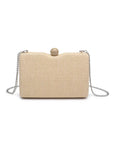 Beige woven handbag with a pearl-like clasp on a white background