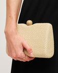 Hand holding a woven clutch with a wooden ball clasp against a neutral background