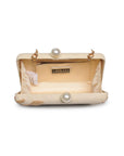 Beige clutch bag with pearl accents on a white background