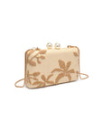 Beige handbag with floral embroidery and pearl embellishments on a white background