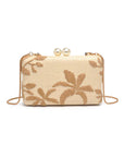 Beige handbag with floral embroidery on a white background
