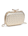 Woven handbag with a strap on a white background