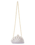 A white shell-shaped evening clutch bag with a gold-tone chain strap and clasp, shown against a plain white background.