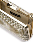 Gold clutch bag with chain strap on a white background