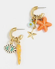 Pair of earrings with starfish, shell, and sun design on a white background