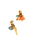 Pair of earrings with starfish and shell designs on a white background
