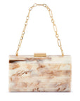 A rectangular clutch bag with a horizontal stacked design in a cream and beige marble pattern, featuring a gold-tone chain strap and a small gold clasp on a white background.
